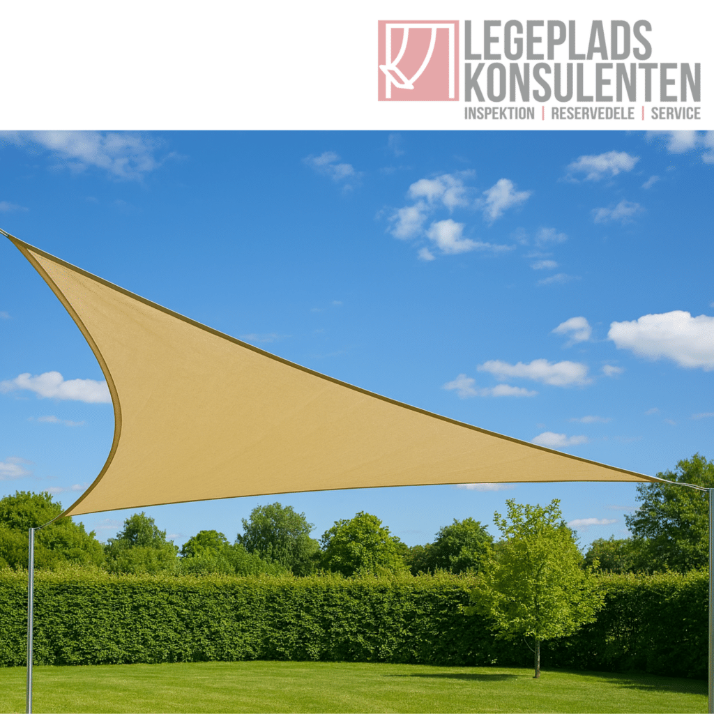 Solsejl trekantet inkl. stolper, snorebeslag og montage